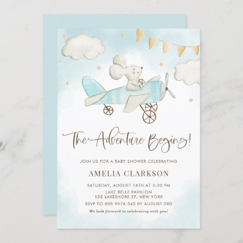 Watercolor Baby Mouse Airplane Blue Baby Shower Invitation