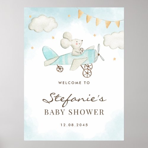 Watercolor Baby Mouse Pilot Blue Baby Shower Poster