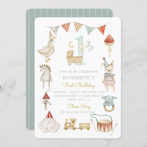 Watercolor Baby Mushroom Whimsical First Birthday Invitation