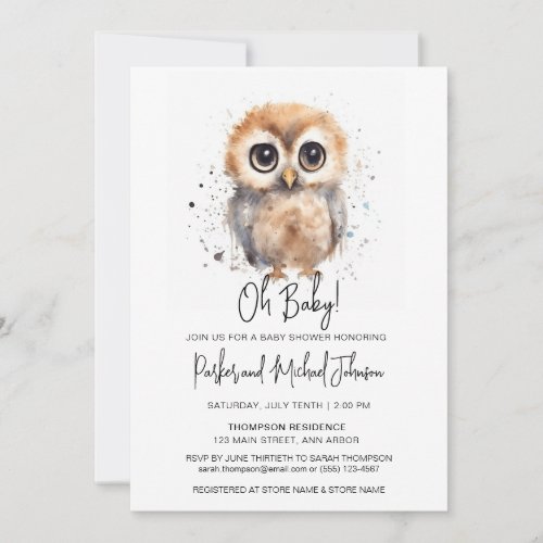 Watercolor Baby Owl Gender Neutral Baby Shower Invitation