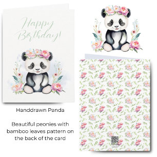 Watercolor Baby Panda Peonies Jungle Birthday Card