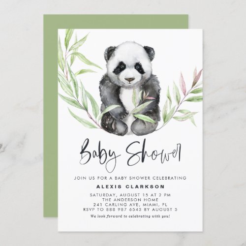Watercolor Baby Panda with Greenery Baby Shower Invitation