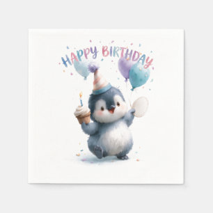 Watercolor Baby Penguin Happy Birthday Greeting Napkins