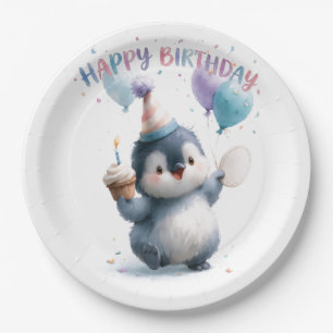 Watercolor Baby Penguin Happy Birthday Greeting Paper Plates