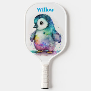 Watercolor Baby Penguin Modern Monogram Pickleball Paddle