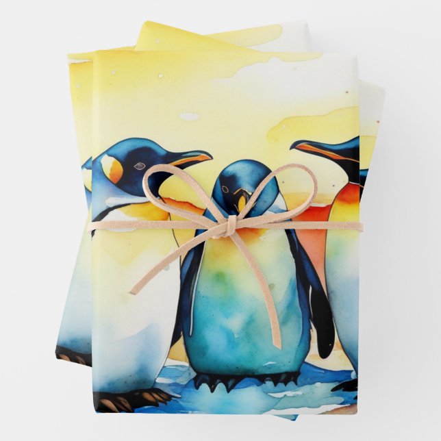 Watercolor Baby Penguin Playing in Snow Wrapping Paper Sheets (In situ)