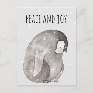 Watercolor Baby Penguin Winter Snow Peace & Joy Postcard