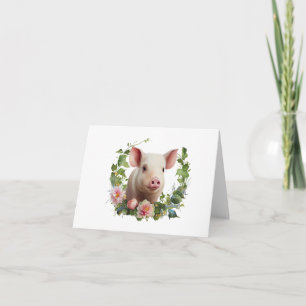 Watercolor Baby Pig (Piglet) Flower Wreath BLANK Card
