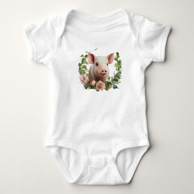 Watercolor Baby Pig (Piglet) Flower Wreath Bodysuit (Front)