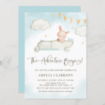 Watercolor Baby Pig Vintage Car Blue Baby Shower Invitation