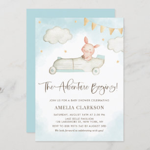 Watercolor Baby Pig Vintage Car Blue Baby Shower Invitation
