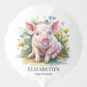 Watercolor Baby Pig Wildflowers Baby Shower Balloon