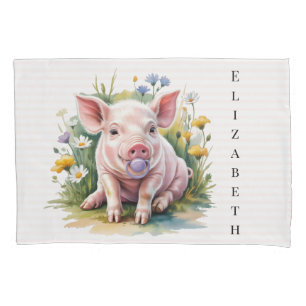 Watercolor Baby Pig Wildflowers Baby Shower Gift Pillow Case