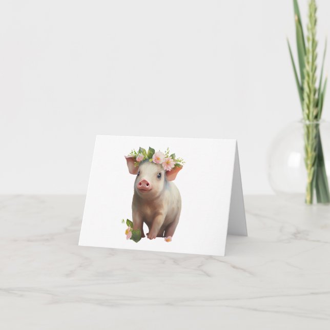 Watercolor Baby Piglet with Flowers on Head BLANK  Card (Front)