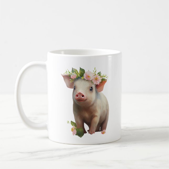 Watercolor Baby Piglet with Flowers on Head  Coffee Mug (Left)