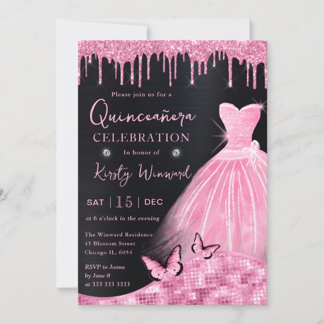 Watercolor Baby Pink Glitter Dress Quinceanera Invitation (Front)