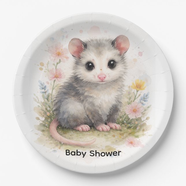 Watercolor Baby Possum Baby Shower Paper Plates (Front)