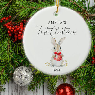 Watercolor Baby Rabbit Custom First Christmas  Ceramic Ornament