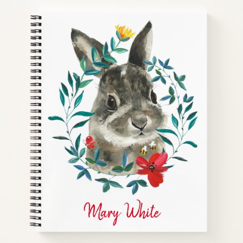 Watercolor Baby Rabbit Floral Wreath Personalized Notebook