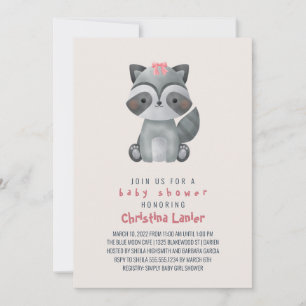 Watercolor Baby Raccoon Cute Whimsical Baby Girl Invitation
