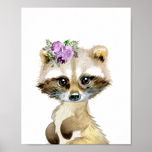 Watercolor Baby Raccoon Woodland Nursery Floral Poster