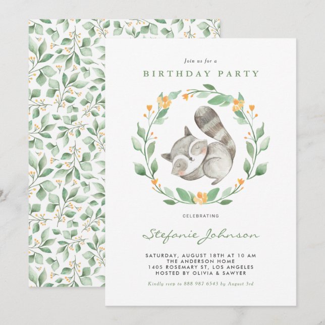 Watercolor Baby Raccoon Wreath Kids Birthday Invitation (Front/Back)