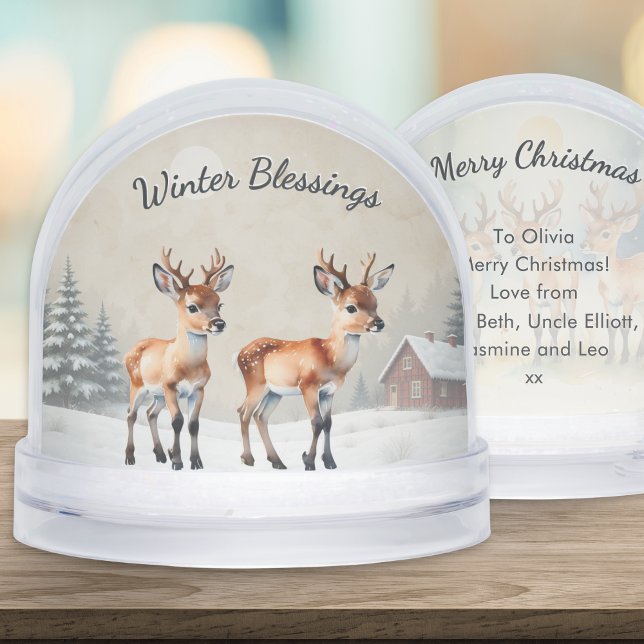 Watercolor Baby Reindeer Personalized Christmas Snow Globe (A Christmas snow globe with picture of baby reindeer, and customizable text on the back)