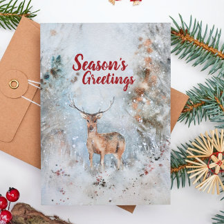 Watercolor Baby Reindeer Snowy Forest Christmas Holiday Card