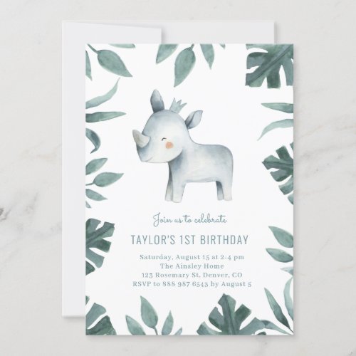 Watercolor Baby Rhino Prince Safari Birthday Party Invitation