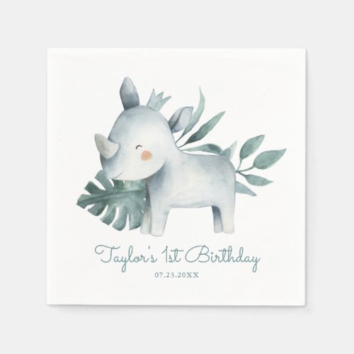 Watercolor Baby Rhinoceros Tropical Birthday Napkins