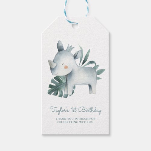 Watercolor Baby Rhinoceros Tropical Kids Birthday  Gift Tags