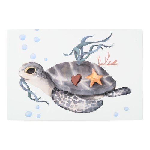 Watercolor baby sea turtle metal print