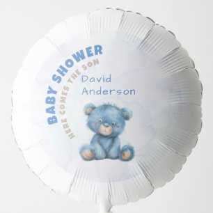Watercolor baby shower boy blue teddy bear balloon