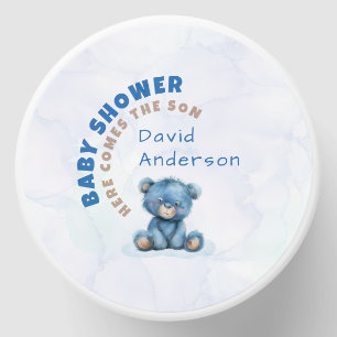 Watercolor baby shower boy blue teddy bear mini candle favors