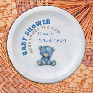 Watercolor baby shower boy blue teddy bear paper plates