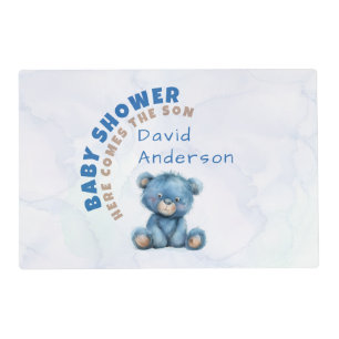 Watercolor baby shower boy blue teddy bear placemat