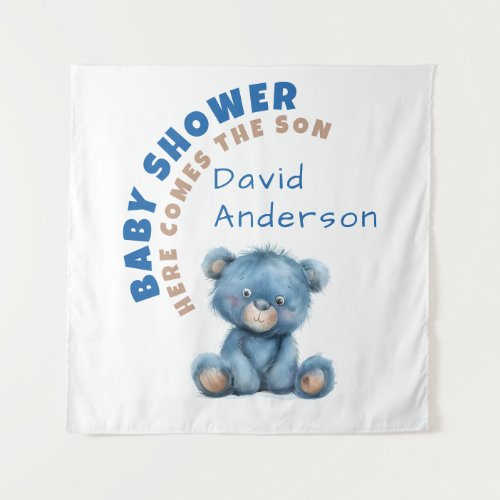 Watercolor baby shower boy blue teddy bear tapestry