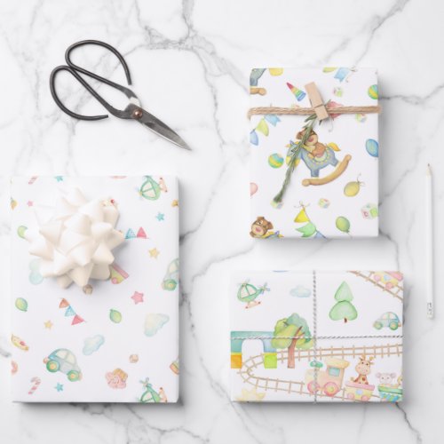 Watercolor Baby shower Infant Toys Trains Pattern Wrapping Paper Sheets