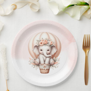 Watercolor Baby Shower Peach Elephant Paper Plates