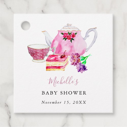 Watercolor Baby Shower Tea Party Pink Teapot Favor Tags
