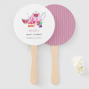 Watercolor Baby Shower Tea Party Pink Teapot Hand Fan