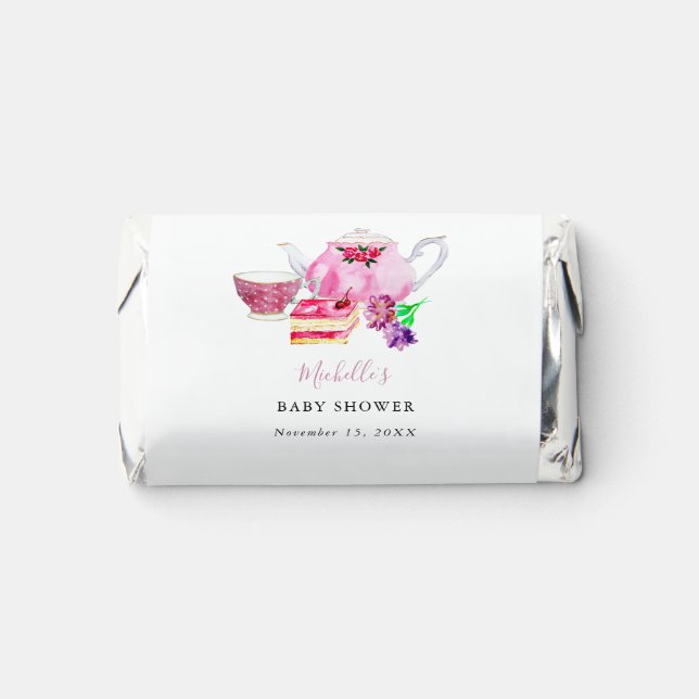 Watercolor Baby Shower Tea Party Pink Teapot  Hershey's Miniatures (Front)