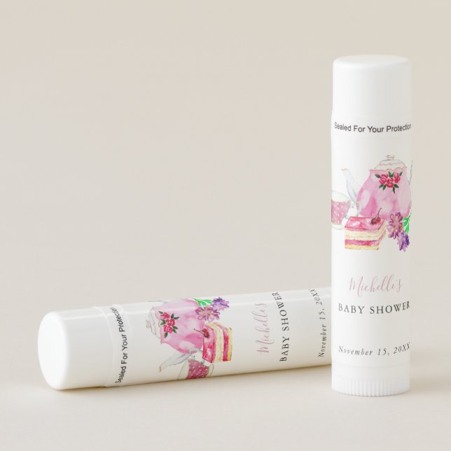 Watercolor Baby Shower Tea Party Pink Teapot Lip Balm (Front)