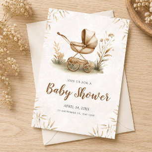 Watercolor Baby Shower with Vintage Stroller Invitation