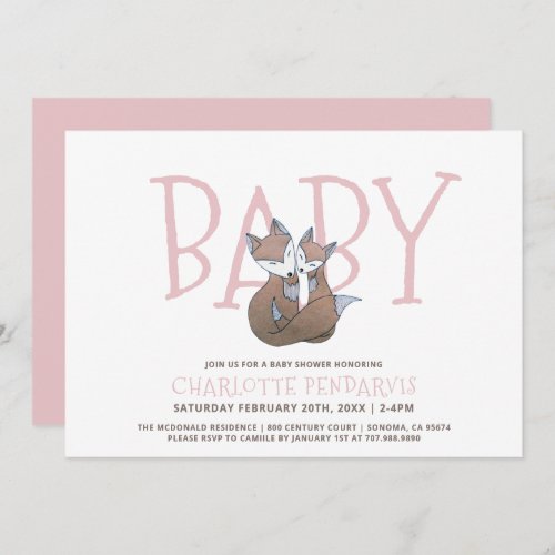 Watercolor Baby Shower Woodland Foxes Pink Girl  Invitation