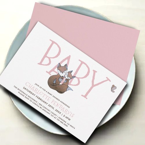Watercolor Baby Shower Woodland Foxes Pink Girl  Invitation