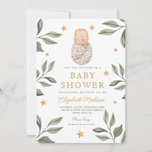 Watercolor Baby Stars Greenery Baby Shower Invitation