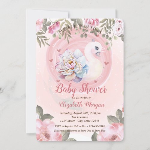 Watercolor Baby Swan Floral Baby Shower  Invitation
