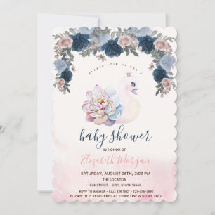 Watercolor Baby Swan Floral Pink Baby Shower Invitation