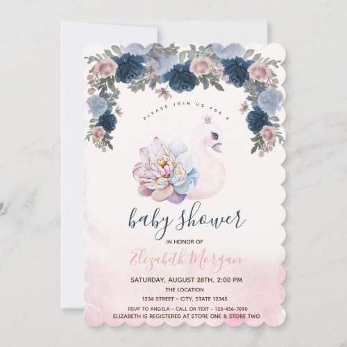 Watercolor Baby Swan Floral Pink Baby Shower  Invitation